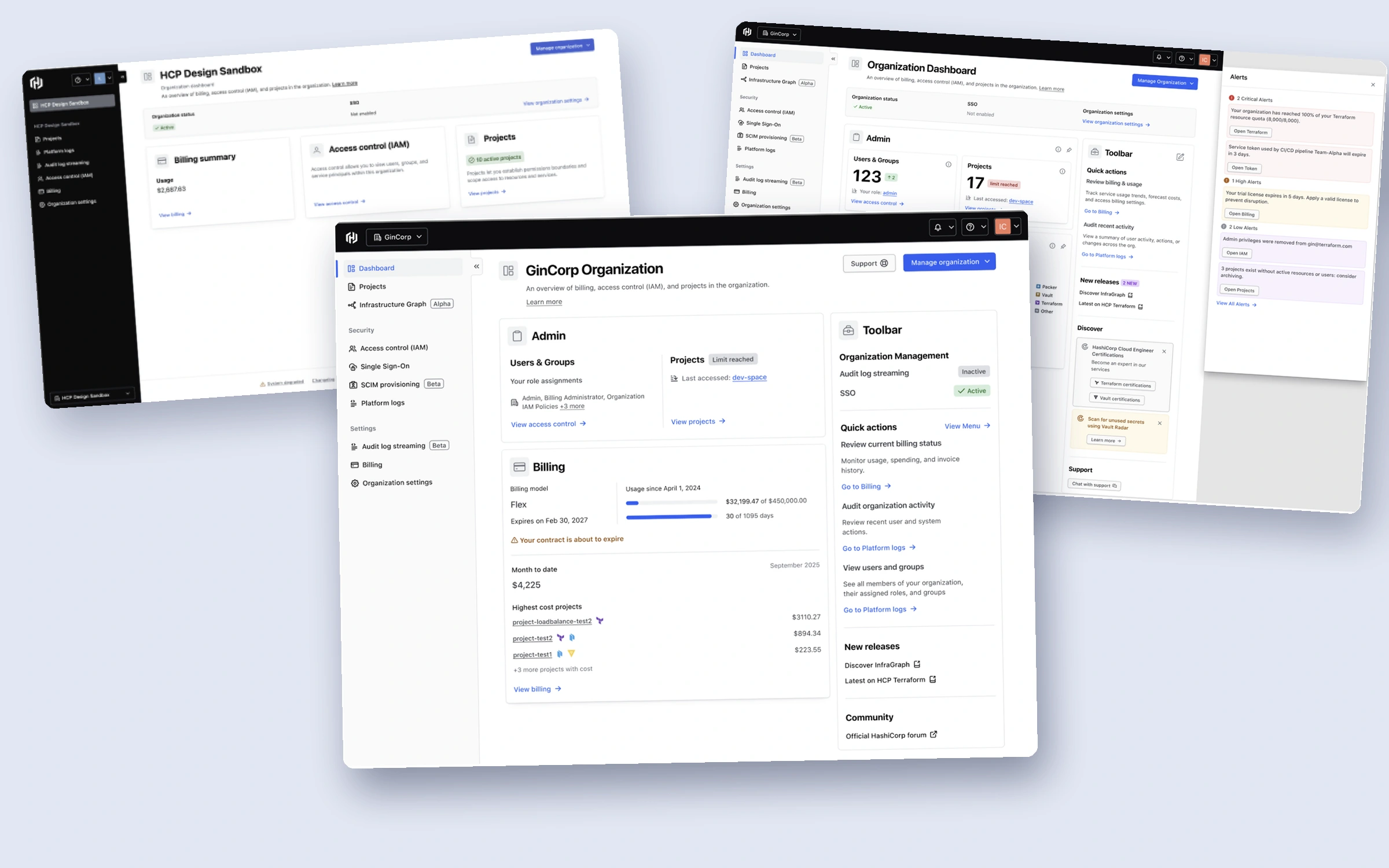 The old organization dashboard, the phase 2 design with alerts, and the shipped phase 1 design in front