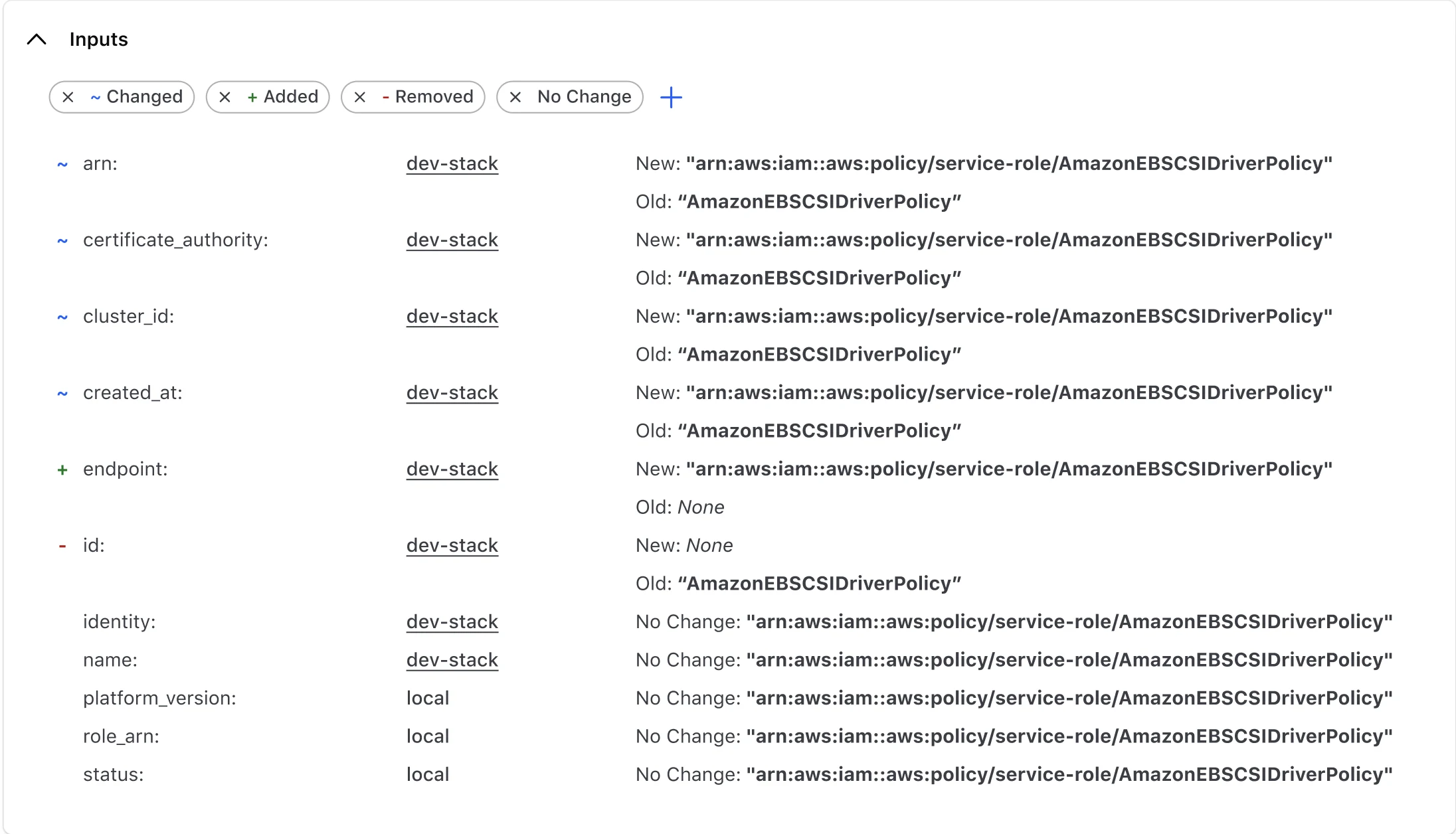 Inputs after testing: change filter, origin stack, and old and new values