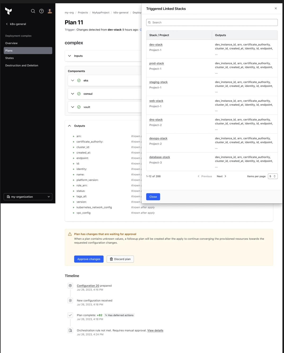 Triggered linked stacks panel listing affected stacks and outputs