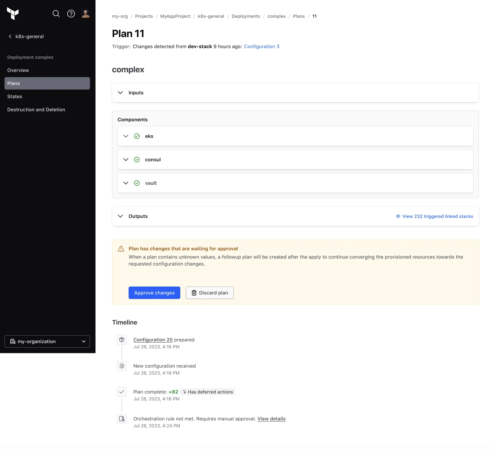 Plan 11: trigger line shows the upstream dev-stack, and a link to view 232 triggered linked stacks